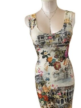 Cream Floral & Architectural Print Bodycon Dress